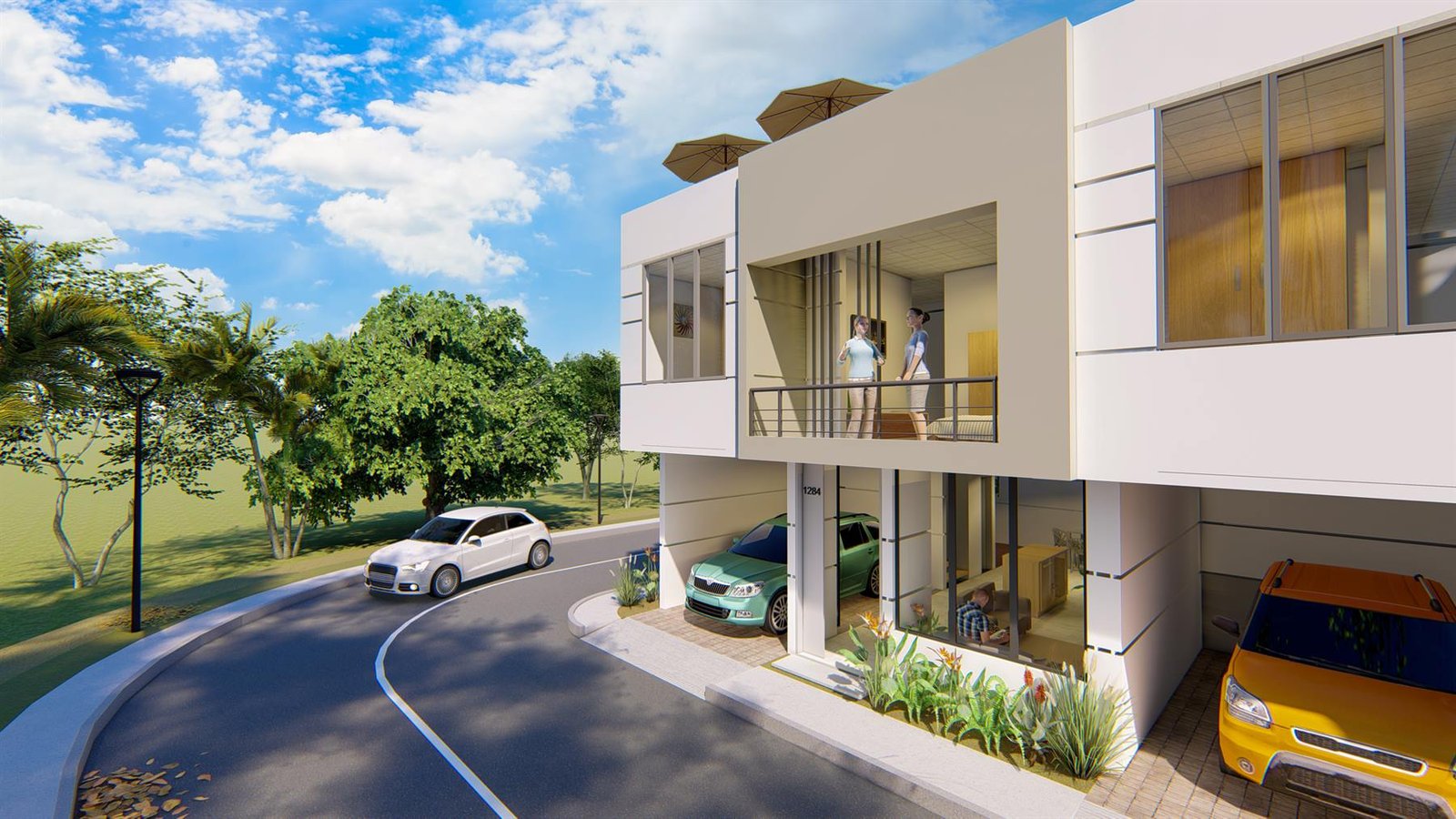 Fachada de una vivienda con balcón y parqueadero