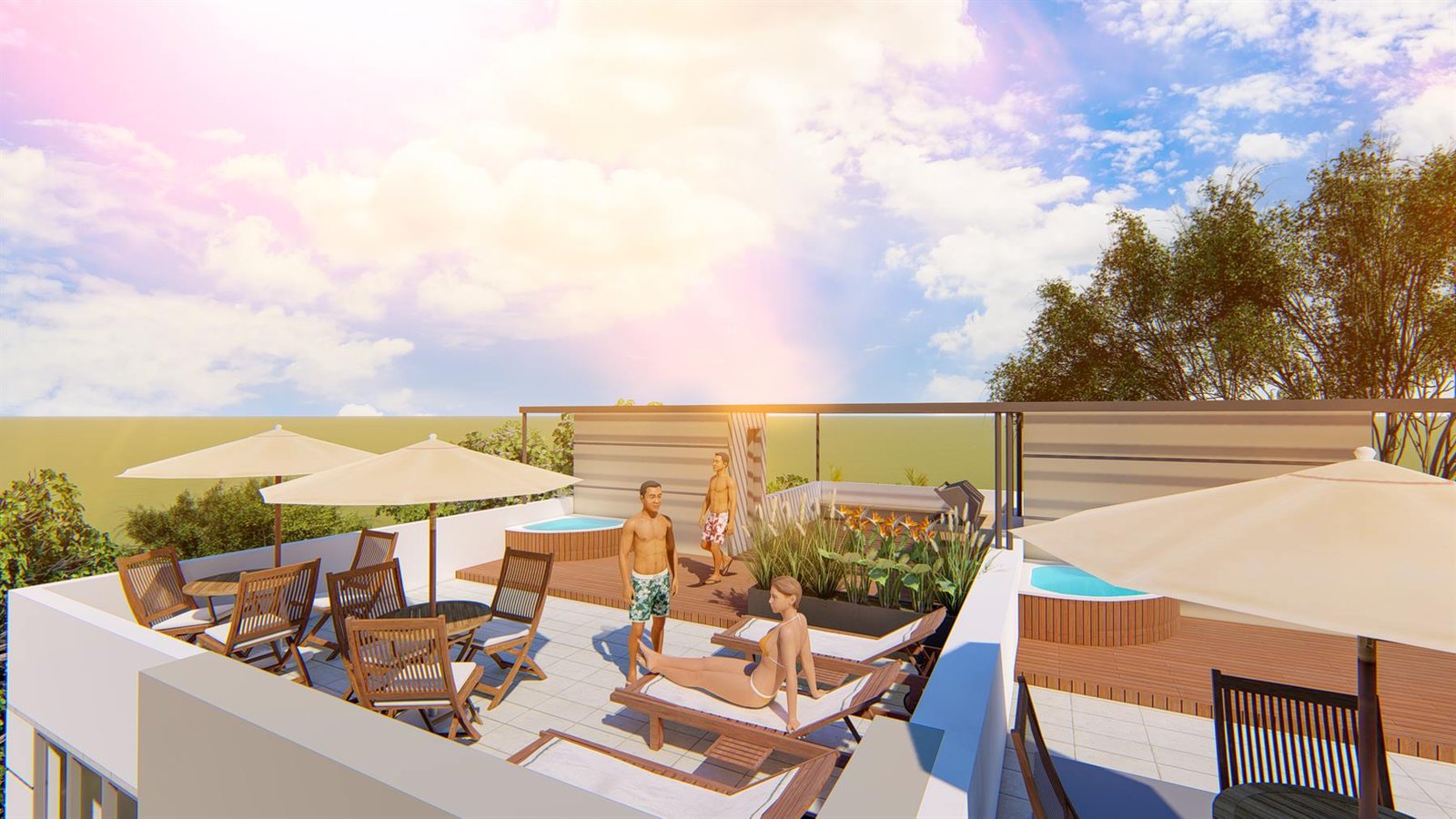 Terraza solárium de una vivienda con personas disfrutando al aire libre